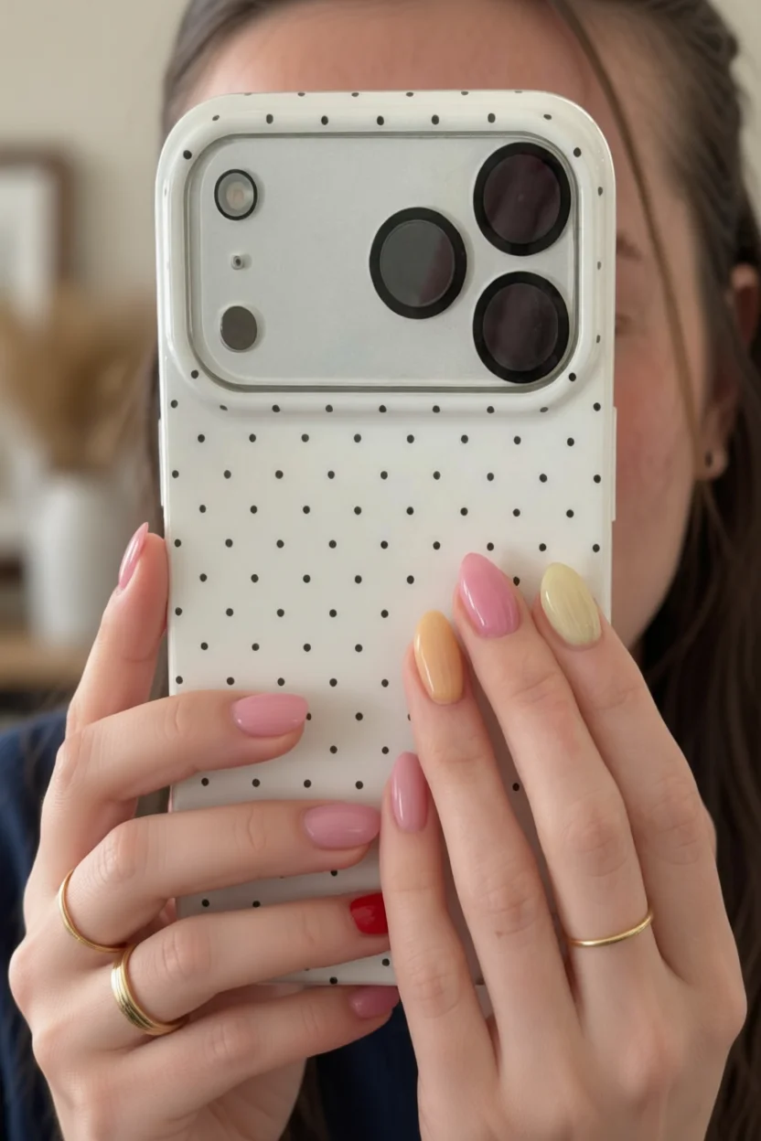 Manos con uñas jelly translúcidas en tonos rosa, amarillo y naranja sosteniendo un teléfono con funda de lunares