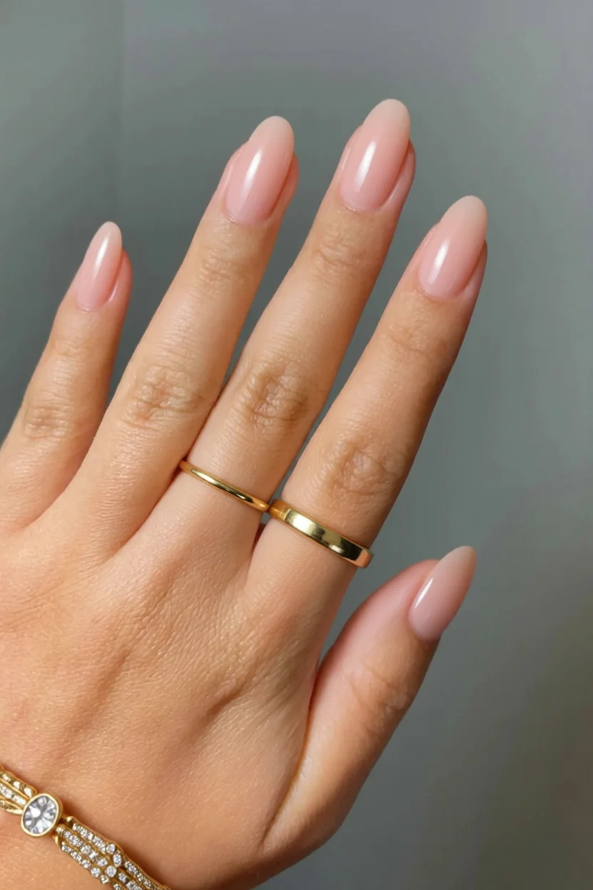 Mano con uñas largas forma almendra con efecto jelly translúcido color rosa nude brillante