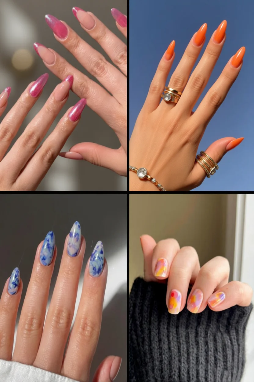 Cuatro estilos de uñas jelly transparentes: stiletto rosada, naranja brillante, azul mármol y acuarela colorida