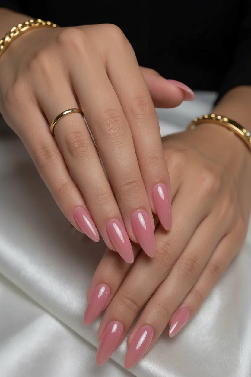 Uñas largas forma almendra con efecto jelly transparente en tono rosa y brillo espejo