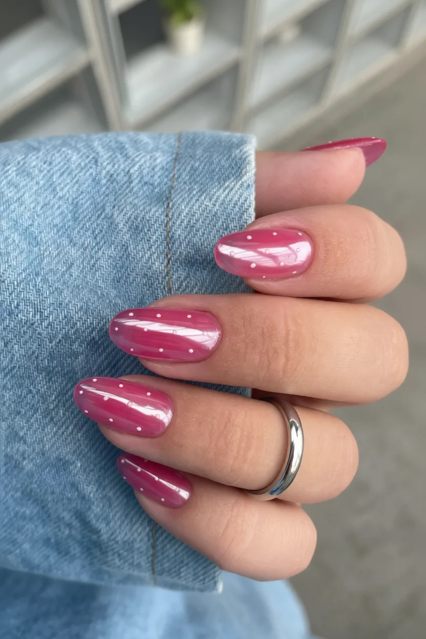 Uñas jelly rosa con lunares blancos y forma almendrada