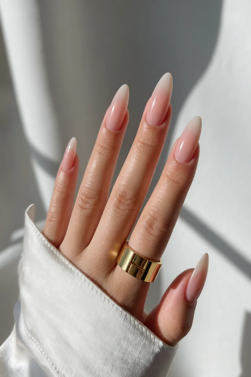 Mano con uñas largas almendradas efecto jelly transparente y anillo dorado