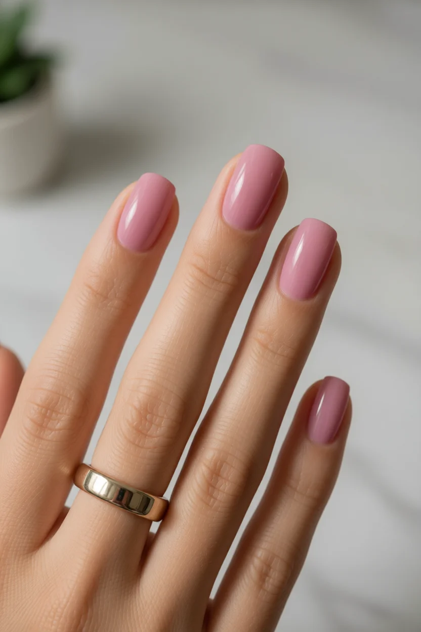 Uñas cortas ovaladas con esmalte jelly rosa nude brillante y anillo dorado