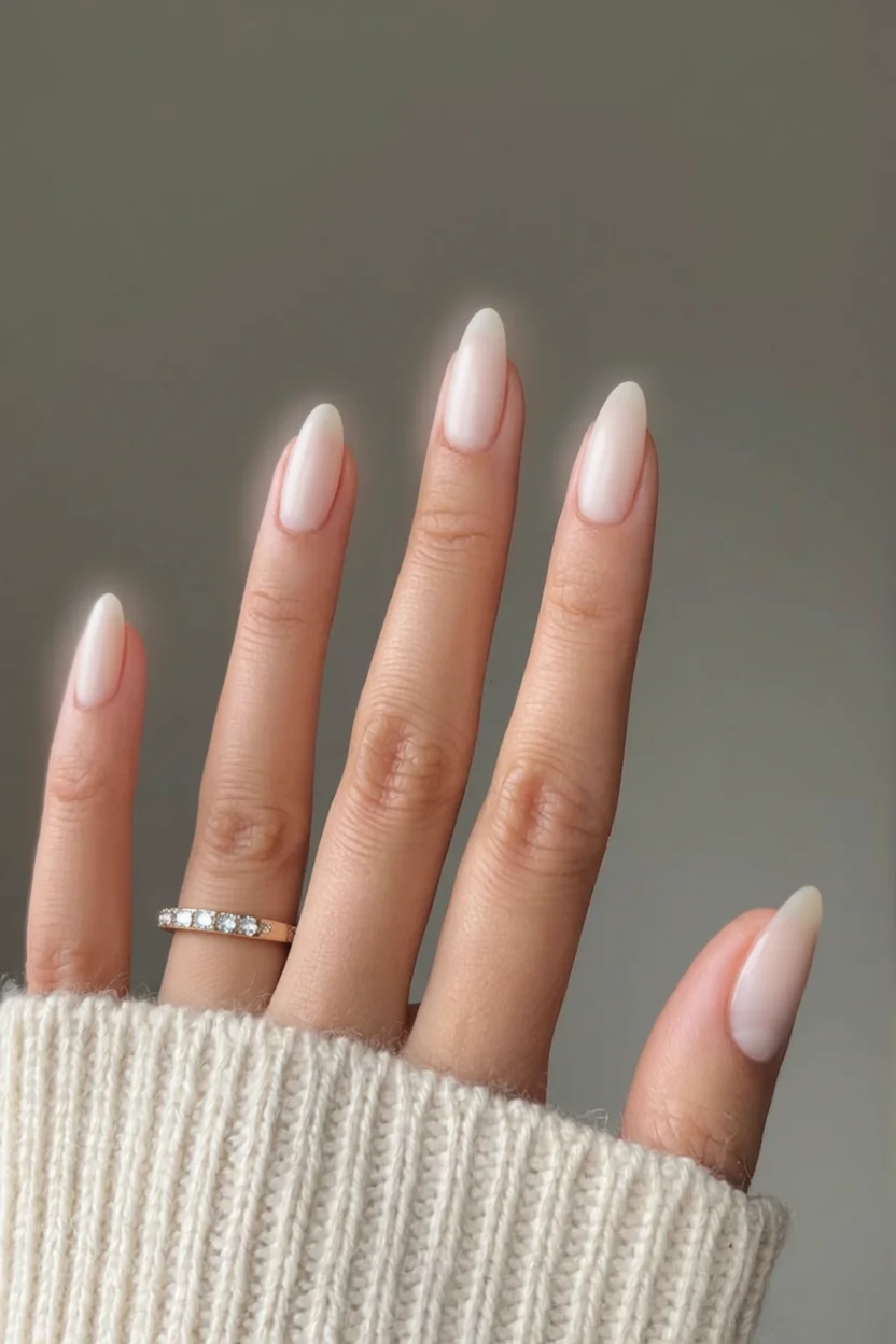 Uñas almendradas milky con acabado brillante porcelánico