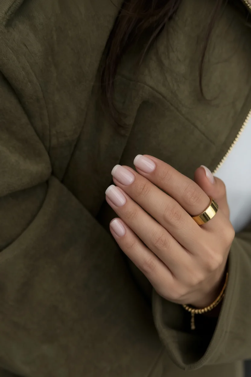 Mano femenina con uñas decoradas en tono milky nude brillante