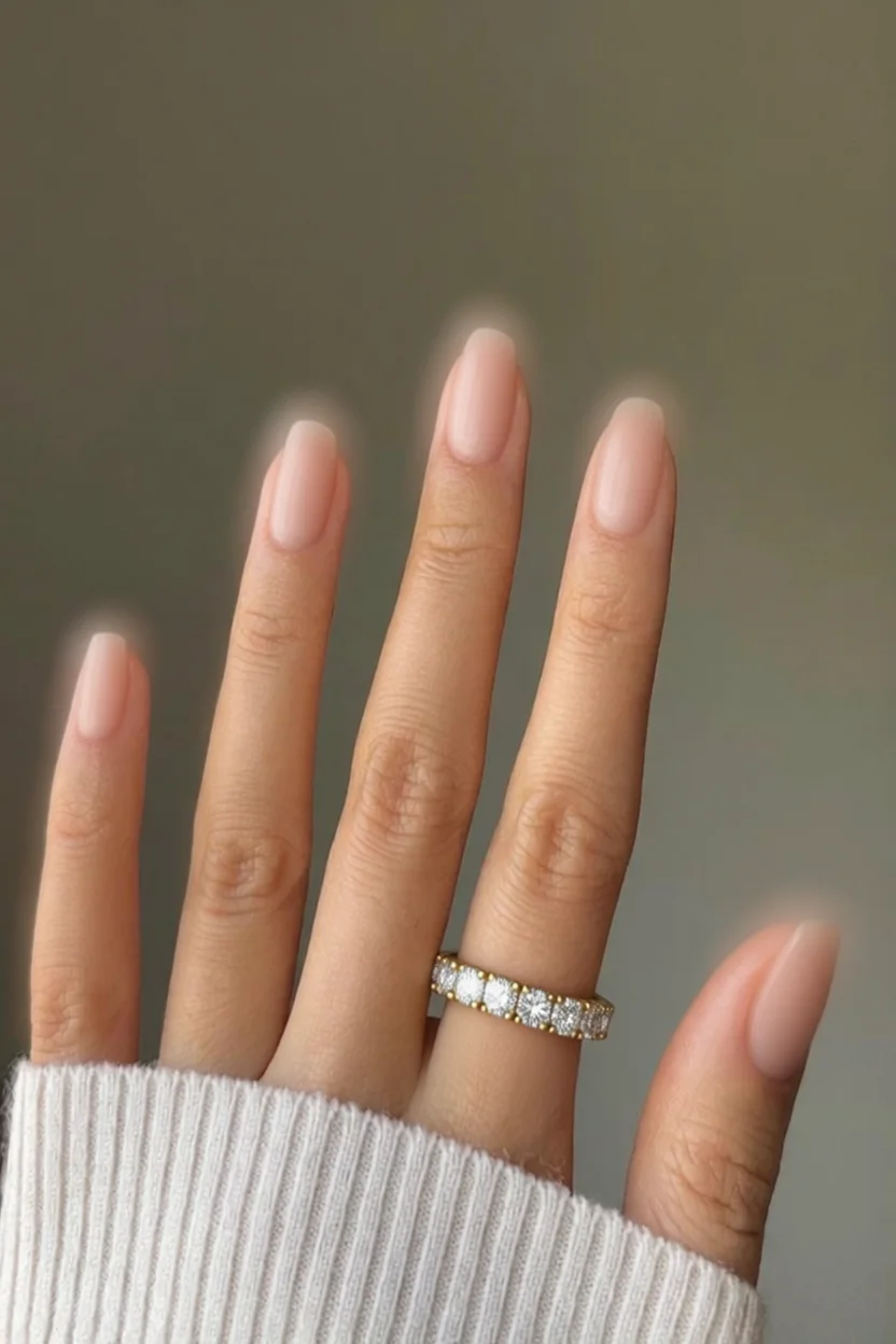 Mano con uñas milky largas forma almendra tono rosa nude y anillo de diamantes
