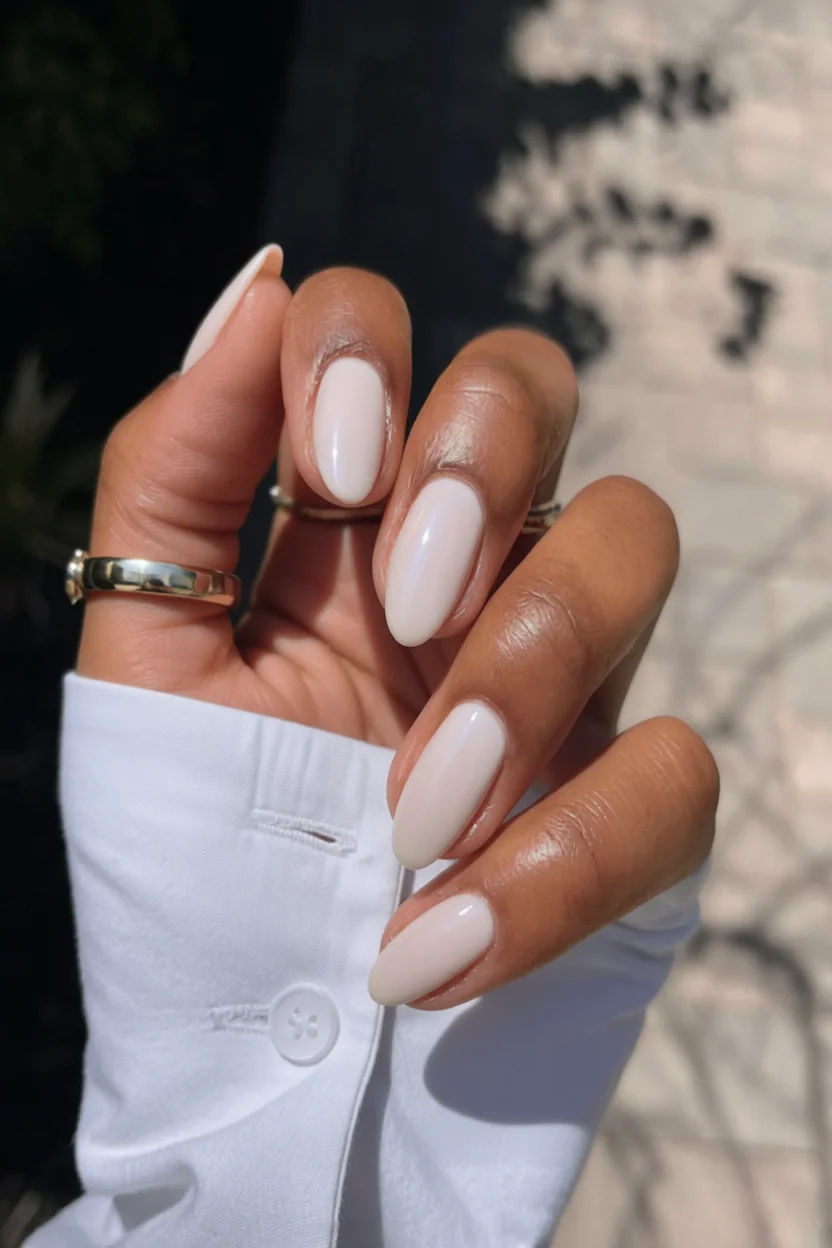 Uñas almendradas color milky nude translúcido con acabado brillante