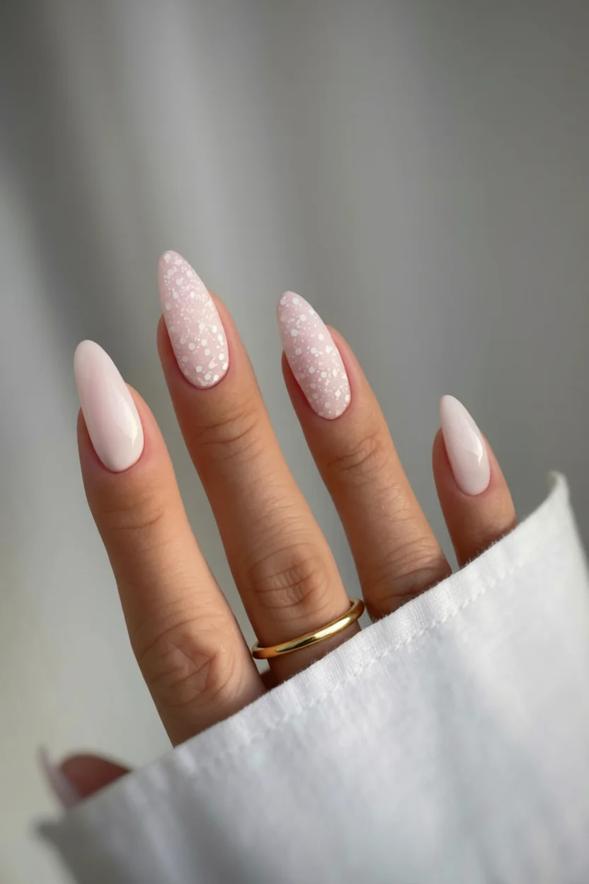 Uñas largas almond en tono milky rosa con dos uñas decoradas con destellos blancos sobre base rosada