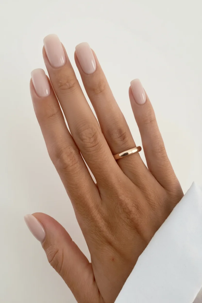 Mano con uñas cortas cuadradas en tono milky rosa nude translúcido