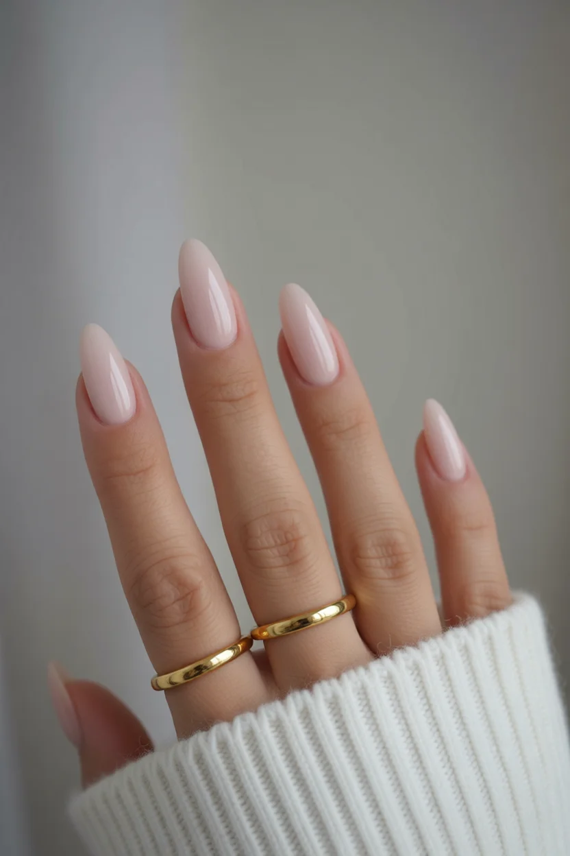Mano con uñas almendradas milky color rosa pálido brillante con anillos dorados