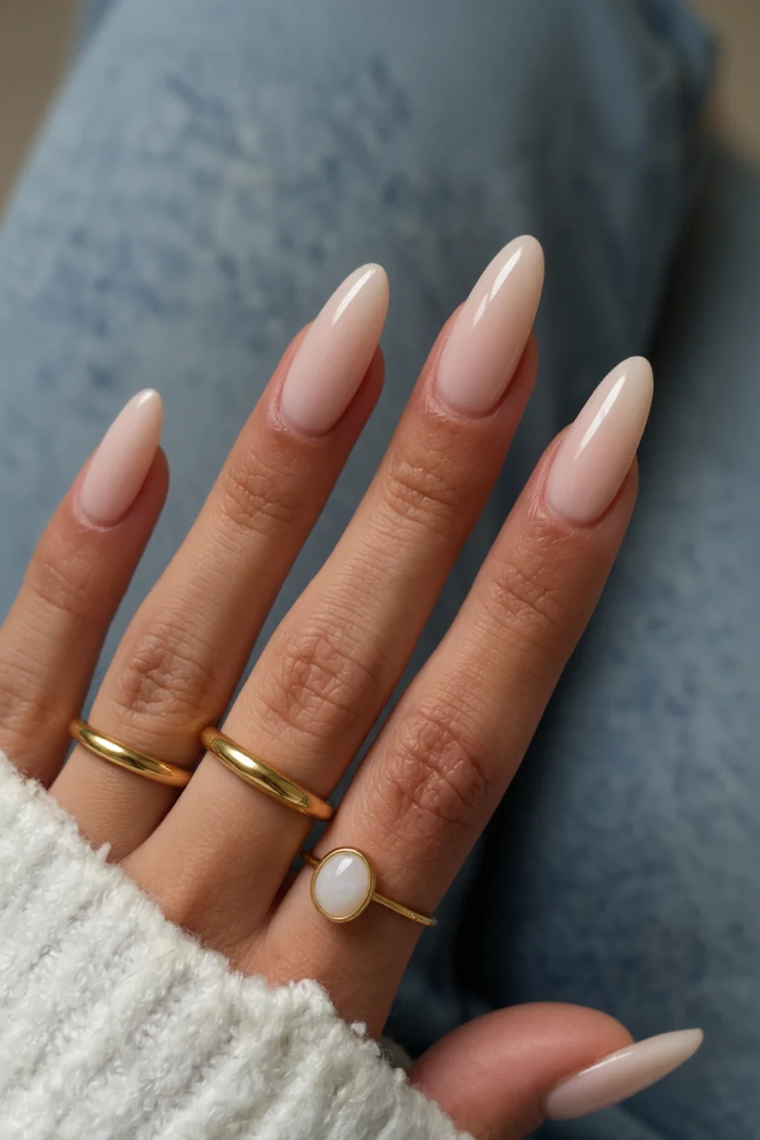 Mano con uñas largas almendradas en tono milky rosado translúcido y brillo natural