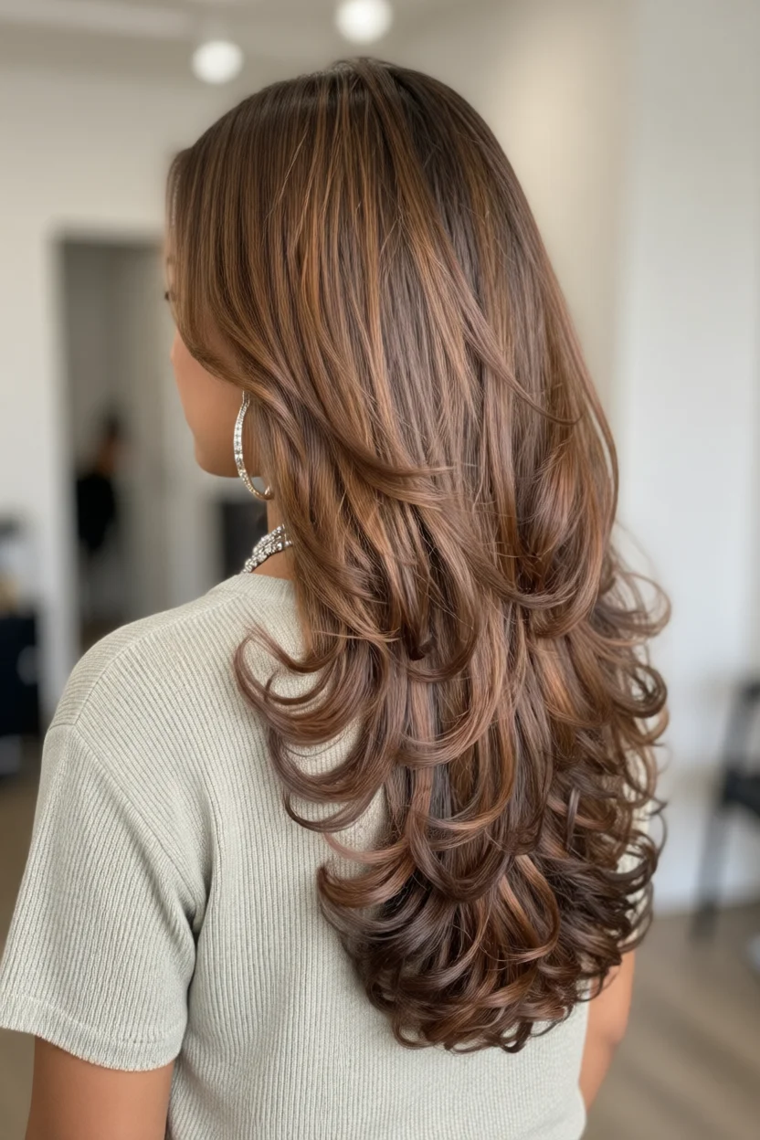 Corte largo en capas con ondas suaves y mechas cobrizas visto desde atrás