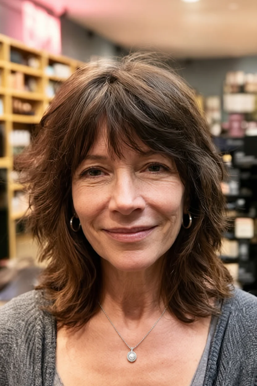 Mujer de mediana edad con corte de cabello castaño con capas y flequillo