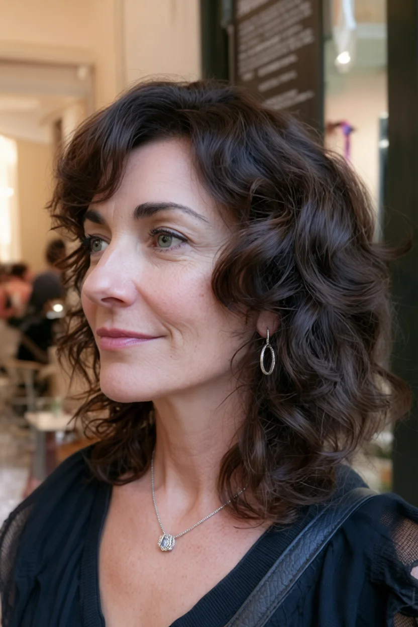 Mujer de mediana edad con cabello oscuro ondulado a la altura de los hombros con volumen y capas sueltas