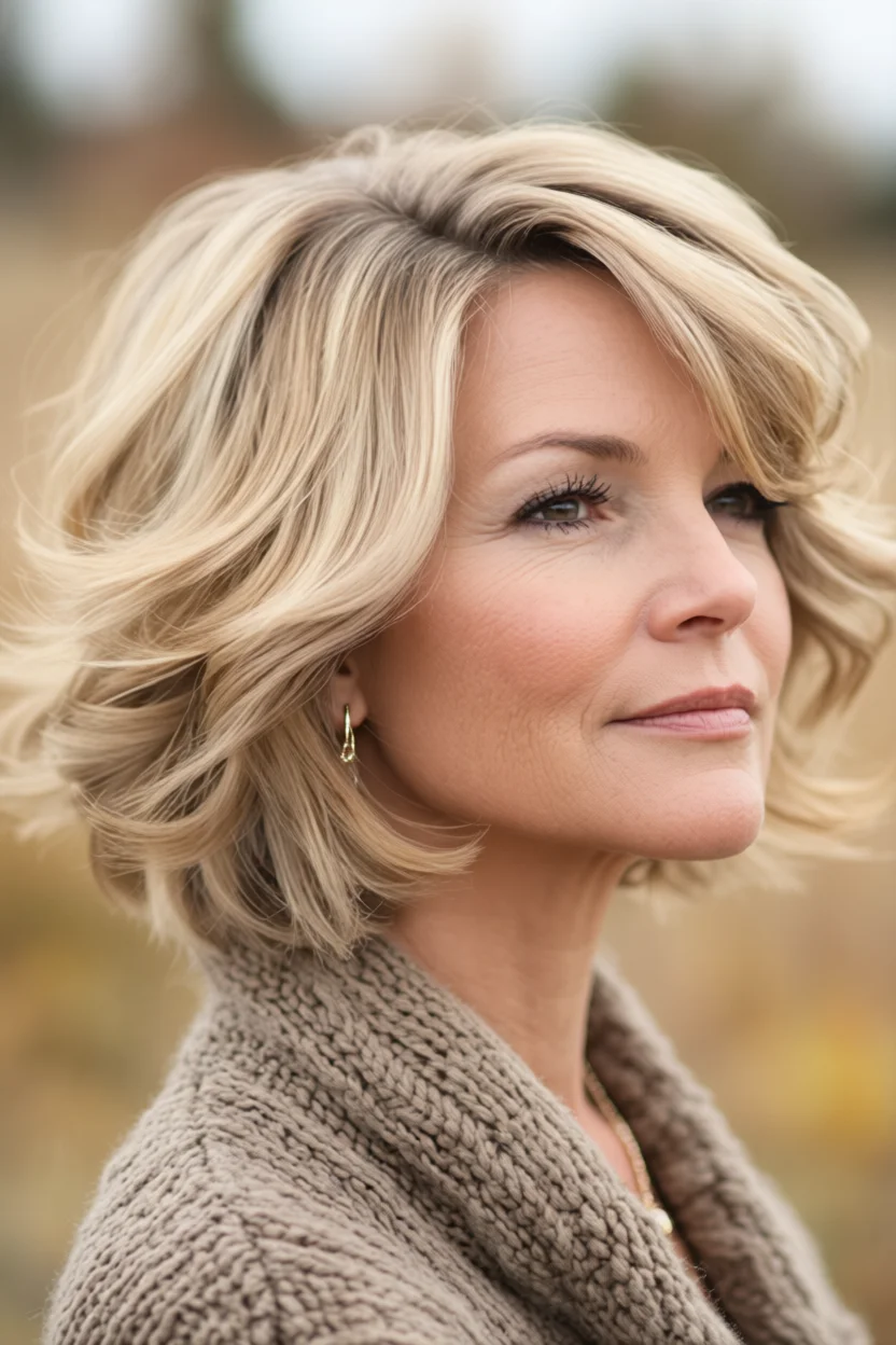 Mujer de 40 años con corte de cabello rubio ondulado hasta los hombros y volumen natural