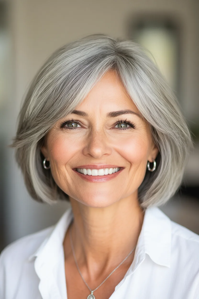 Mujer sonriente con cabello plateado en corte bob con capas y volumen