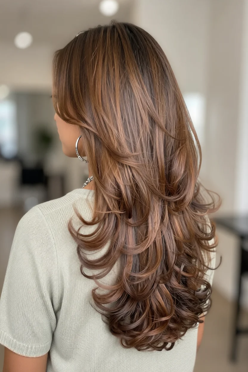Mujer con cabello largo castaño con reflejos cobrizos, cortes en capas y ondas sueltas en cascada