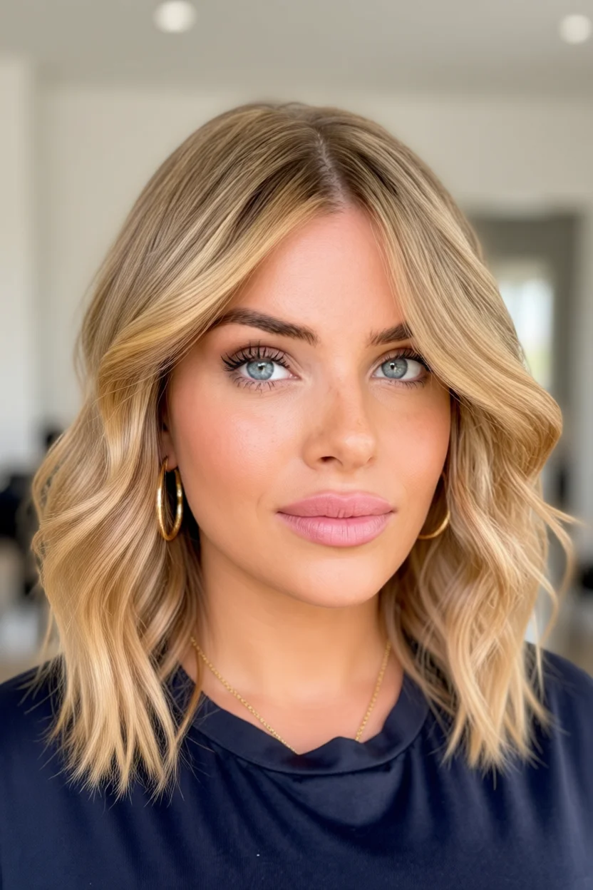 Mujer con cabello rubio ondulado hasta los hombros y raya al medio