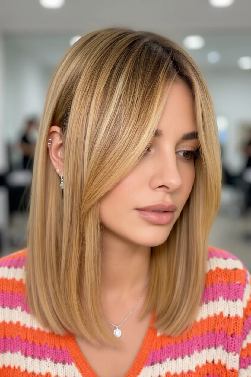 Mujer con corte de cabello liso hasta los hombros, raya al lado y mechas rubias