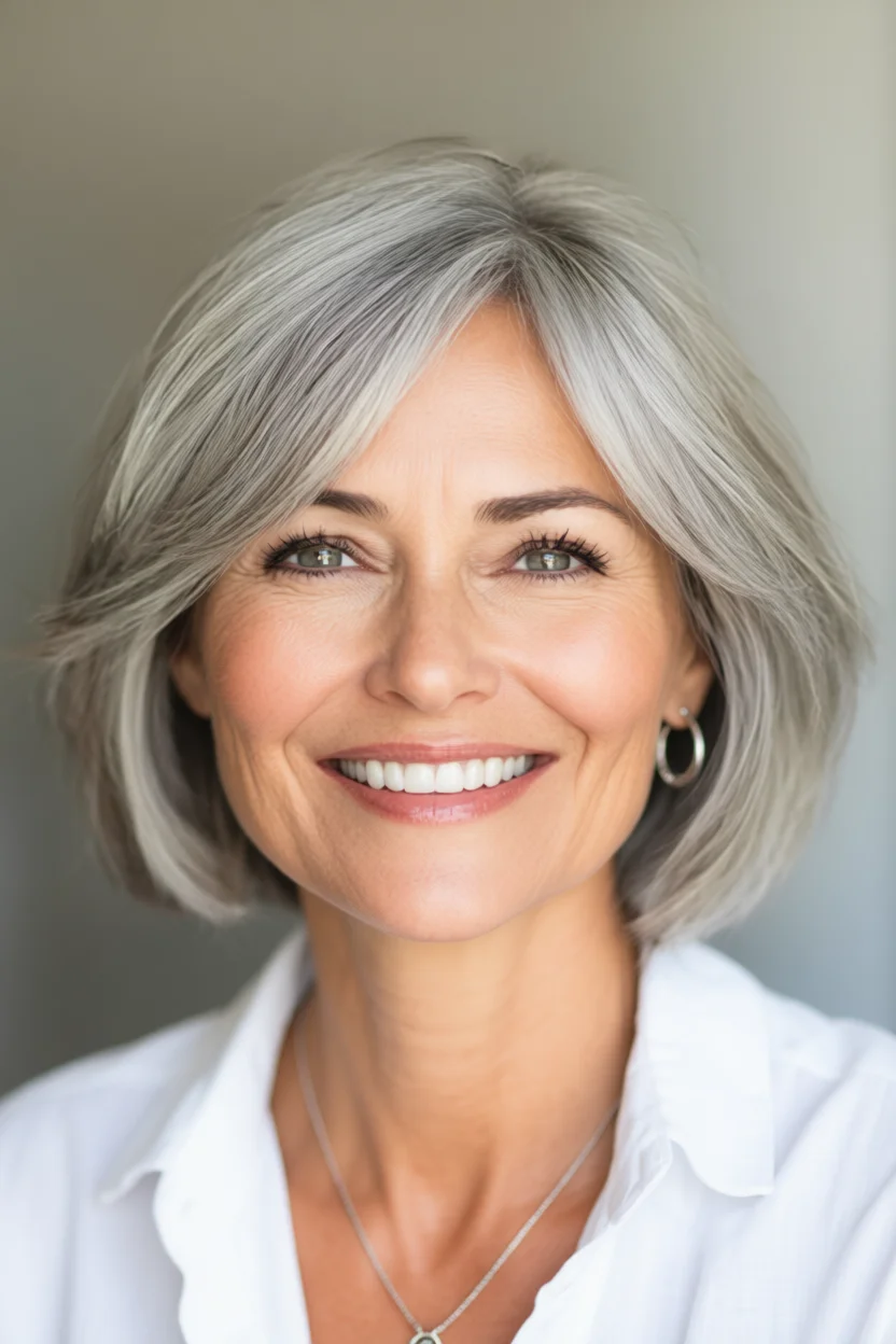 Mujer sonriente con cabello plateado en corte bob moderno y capas suaves
