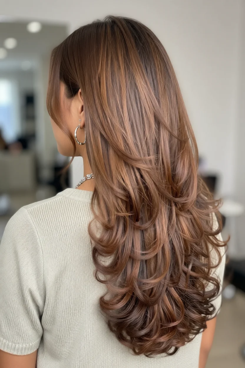 Mujer de espaldas mostrando cabello largo con capas sueltas y ondas suaves con reflejos castaño dorado