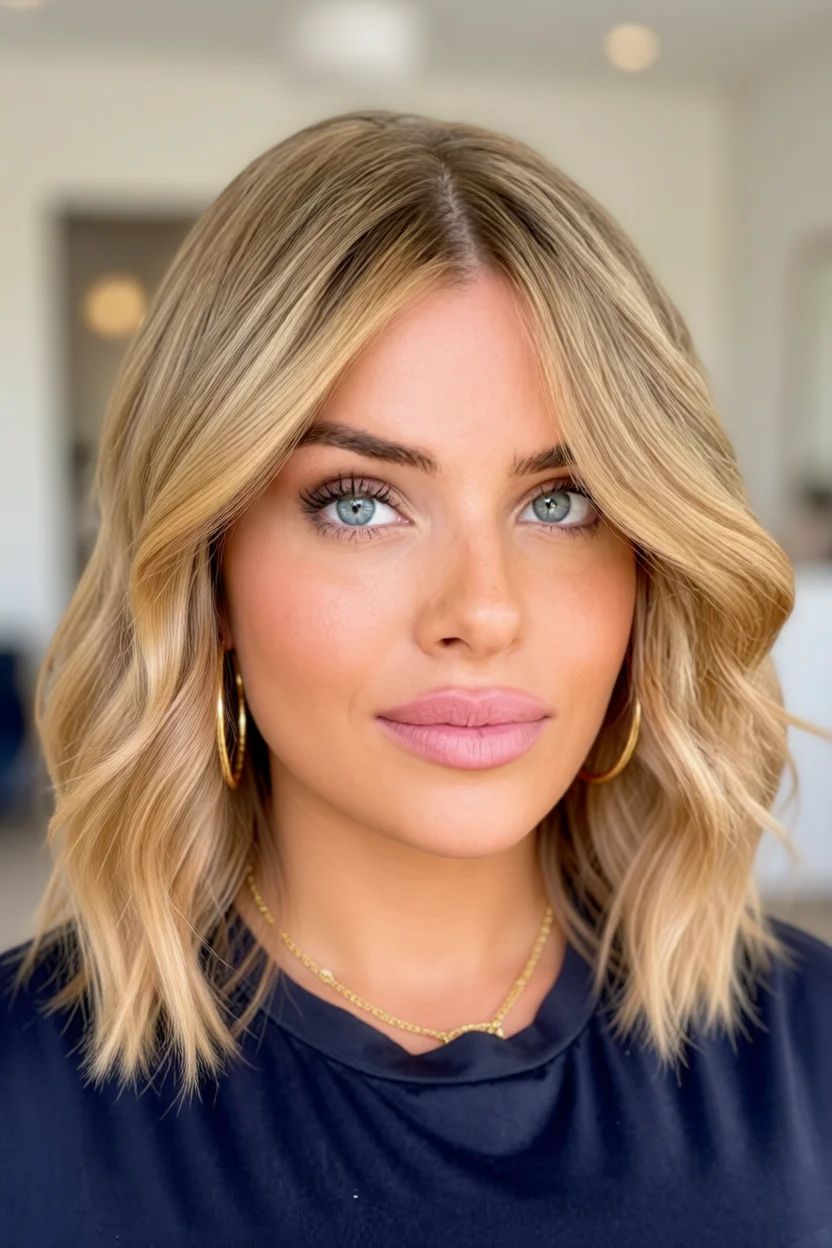 Mujer con cabello rubio en corte lob ondulado con capas suaves y volumen