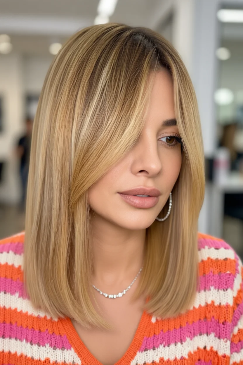 Mujer con corte de cabello rubio a la altura de los hombros con capas y flequillo lateral recogido hacia un lado