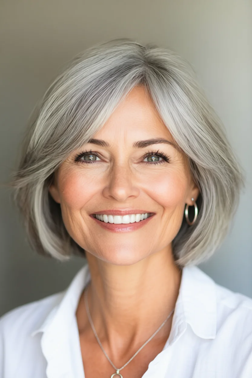 Mujer de cabello plateado con corte bob moderno en capas y flequillo lateral