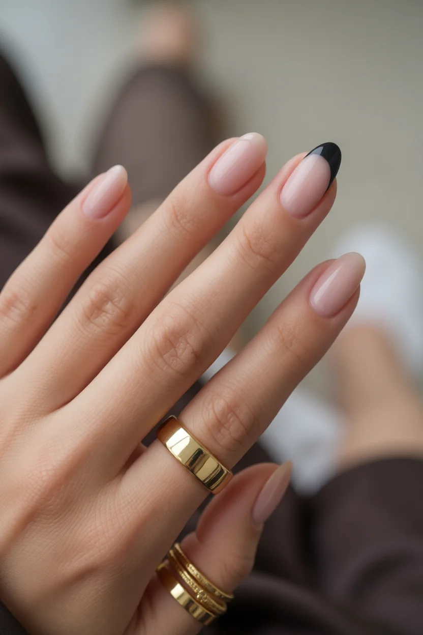 Mano con uñas francesas negras en forma almendrada