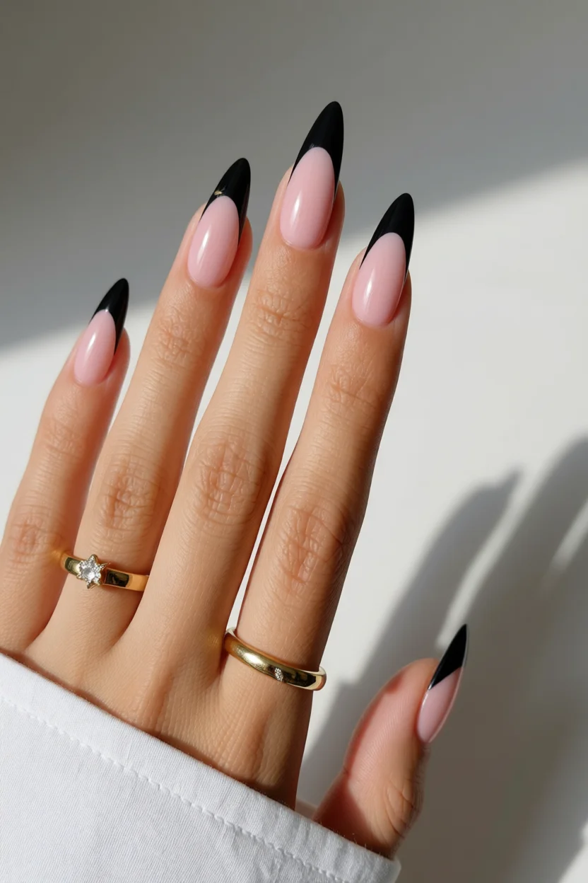 Uñas stiletto con base rosa y puntas negras estilo francés