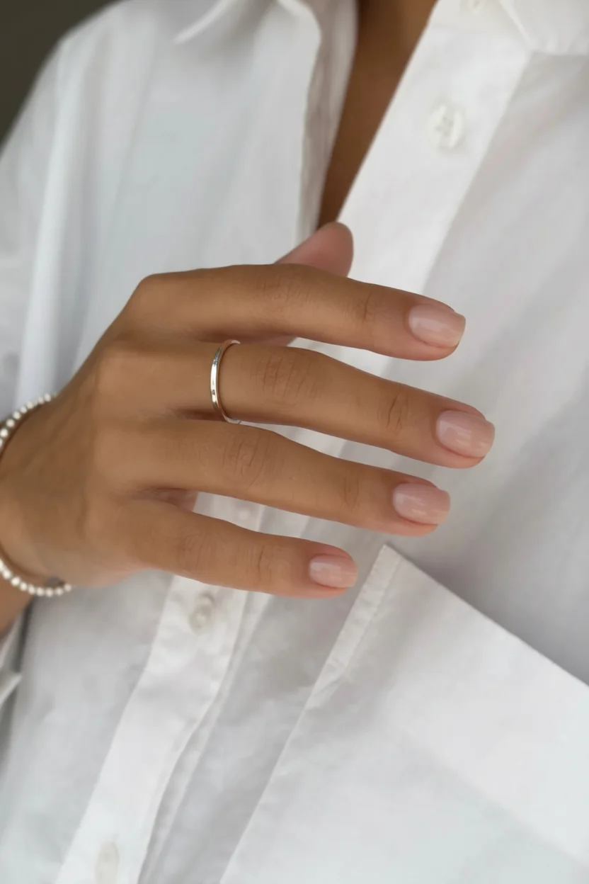 Mano con uñas cortas en tono nude natural brillante