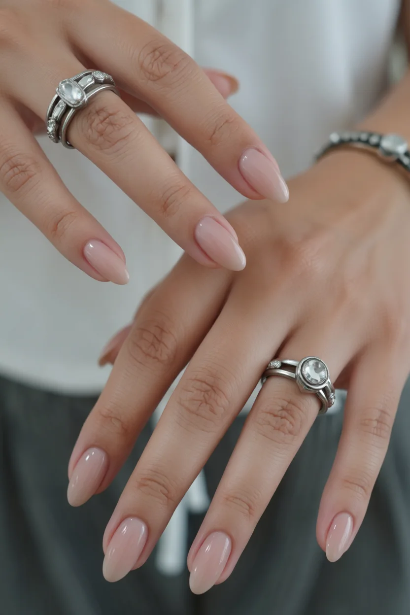 Mano con uñas ovaladas en tono nude brillante usando anillos plateados con cristales