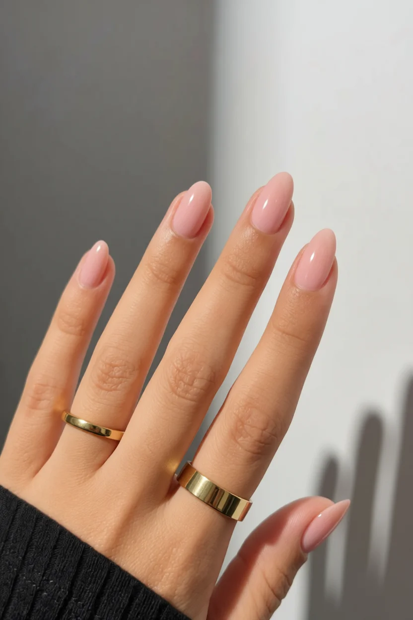 Mano con uñas ovaladas largas en esmalte rosa brillante y anillos dorados