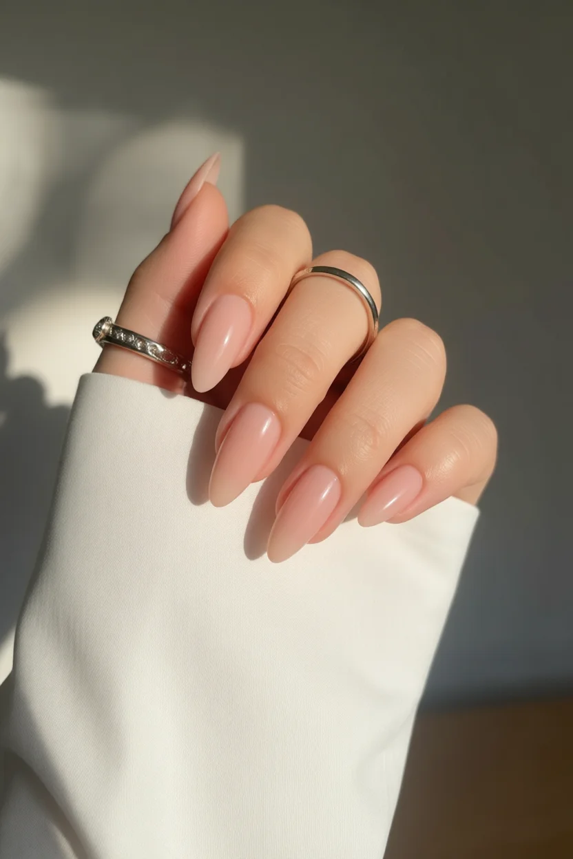 Mano con uñas largas en forma de almendra esmaltadas en nude rosado con brillo intenso