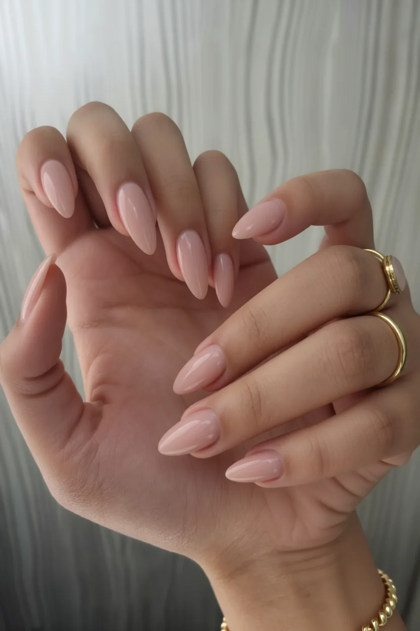 Uñas largas forma almendra con esmalte nude brillante