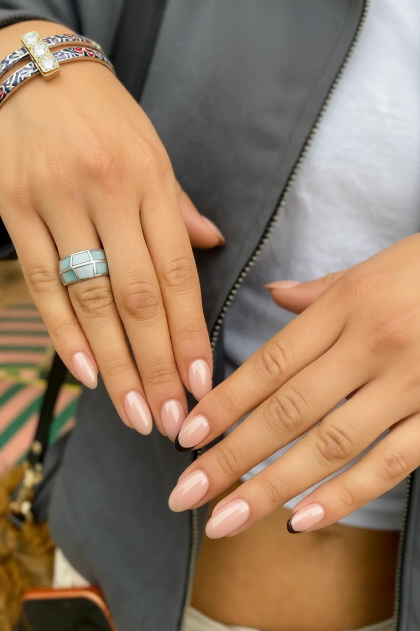 Uñas ovaladas con base nude rosada y puntas negras en estilo francés invertido