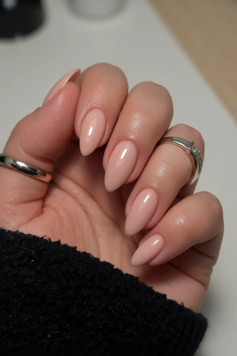 Mano con uñas largas en forma de almendra pintadas de nude brillante
