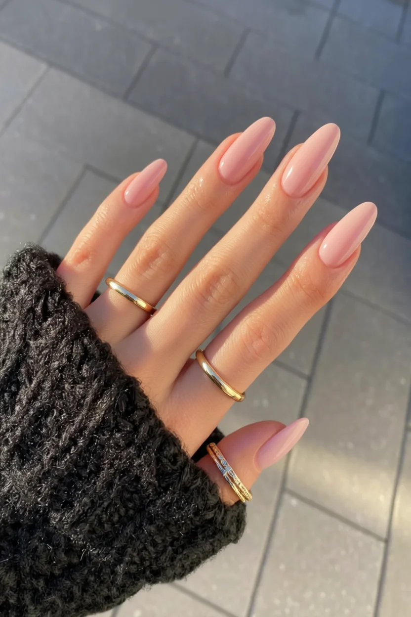 Mano con uñas almendradas largas en rosa nude brillante y anillos dorados