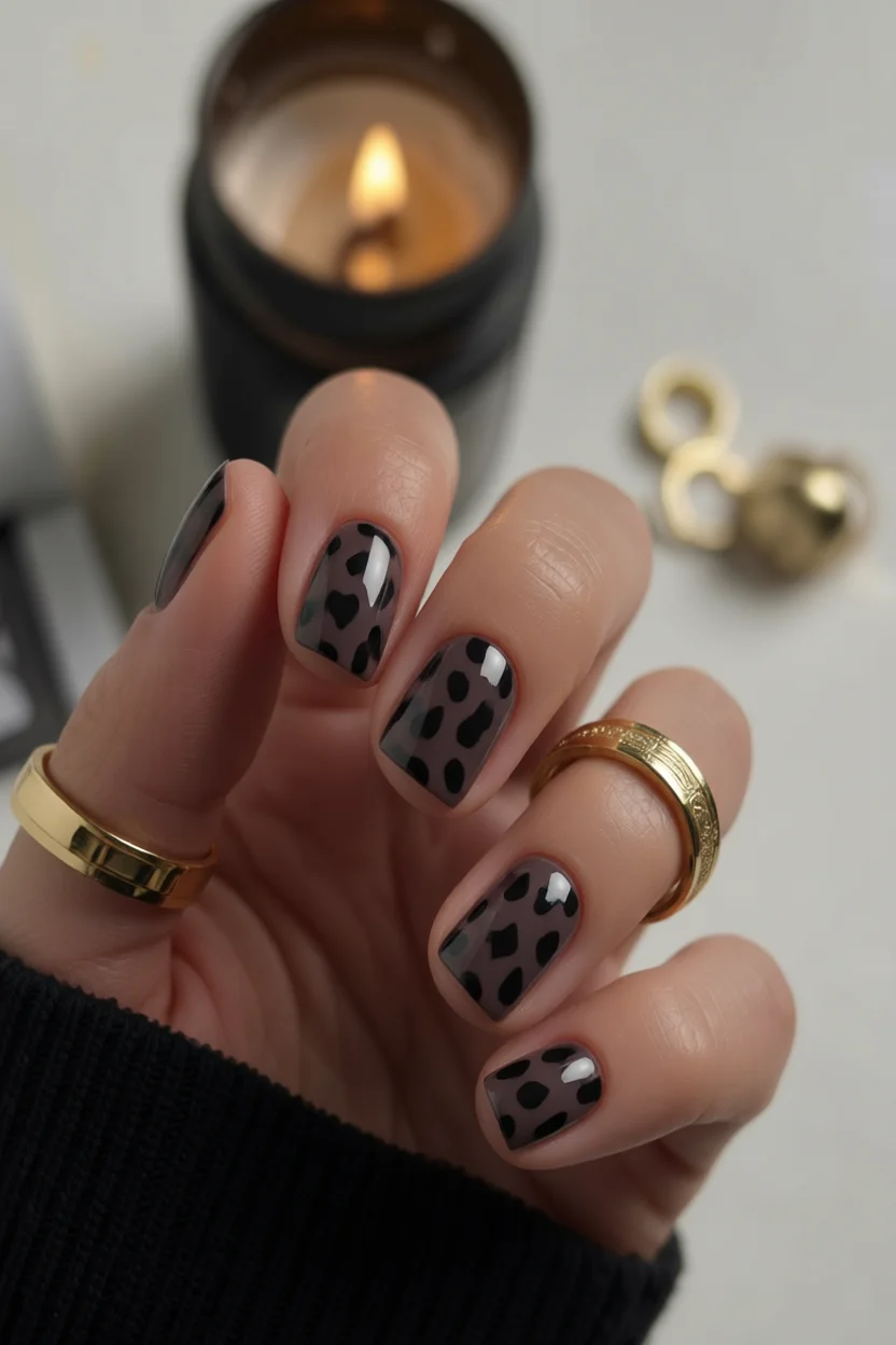 Uñas cortas cuadradas con diseño de estampado de leopardo en negro sobre fondo beige