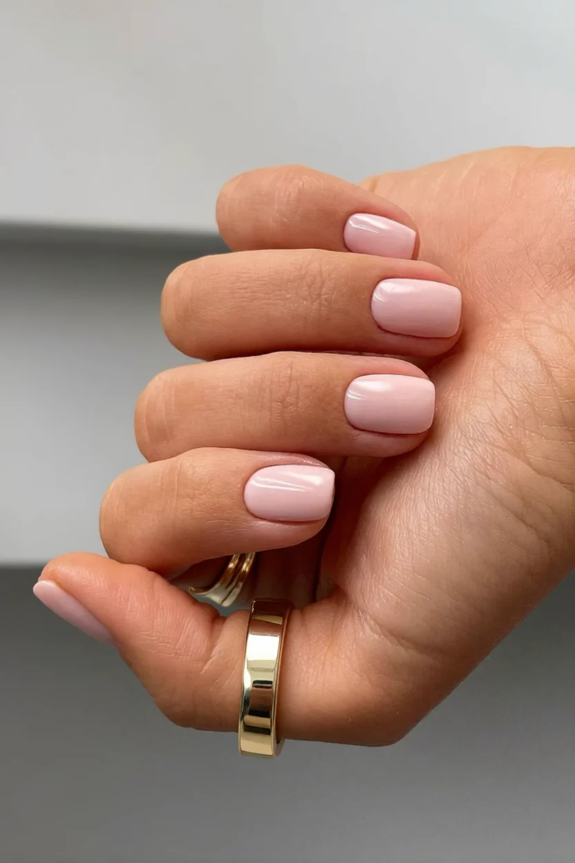 Uñas cortas cuadradas con esmalte rosa nude brillante