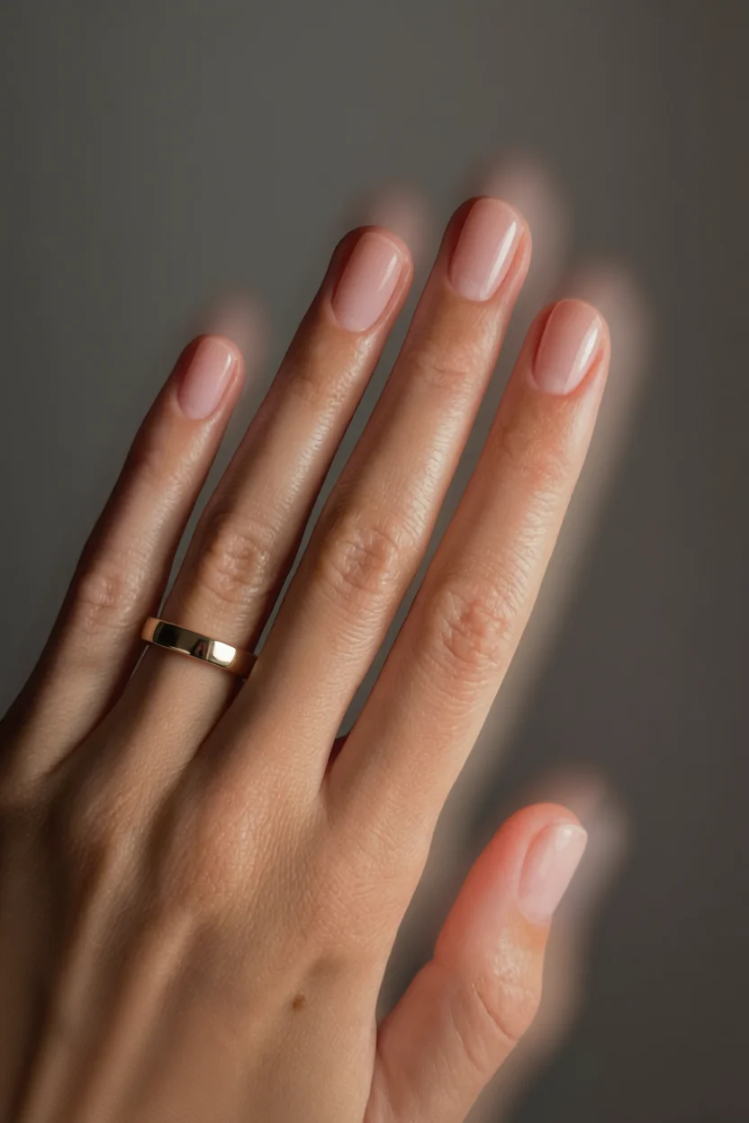 Mano con uñas ovaladas pintadas de nude brillante y anillo dorado