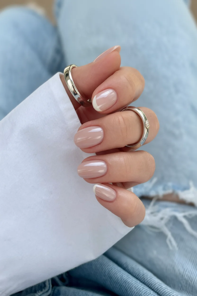Uñas cortas en forma óval con base nude y puntas blancas estilo francés clásico