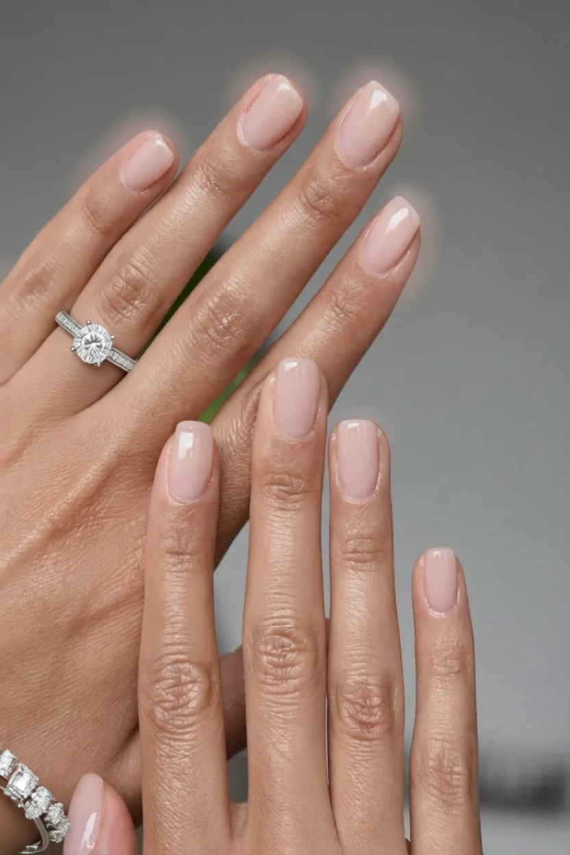 Uñas cortas redondeadas con esmalte nude rosado brillante