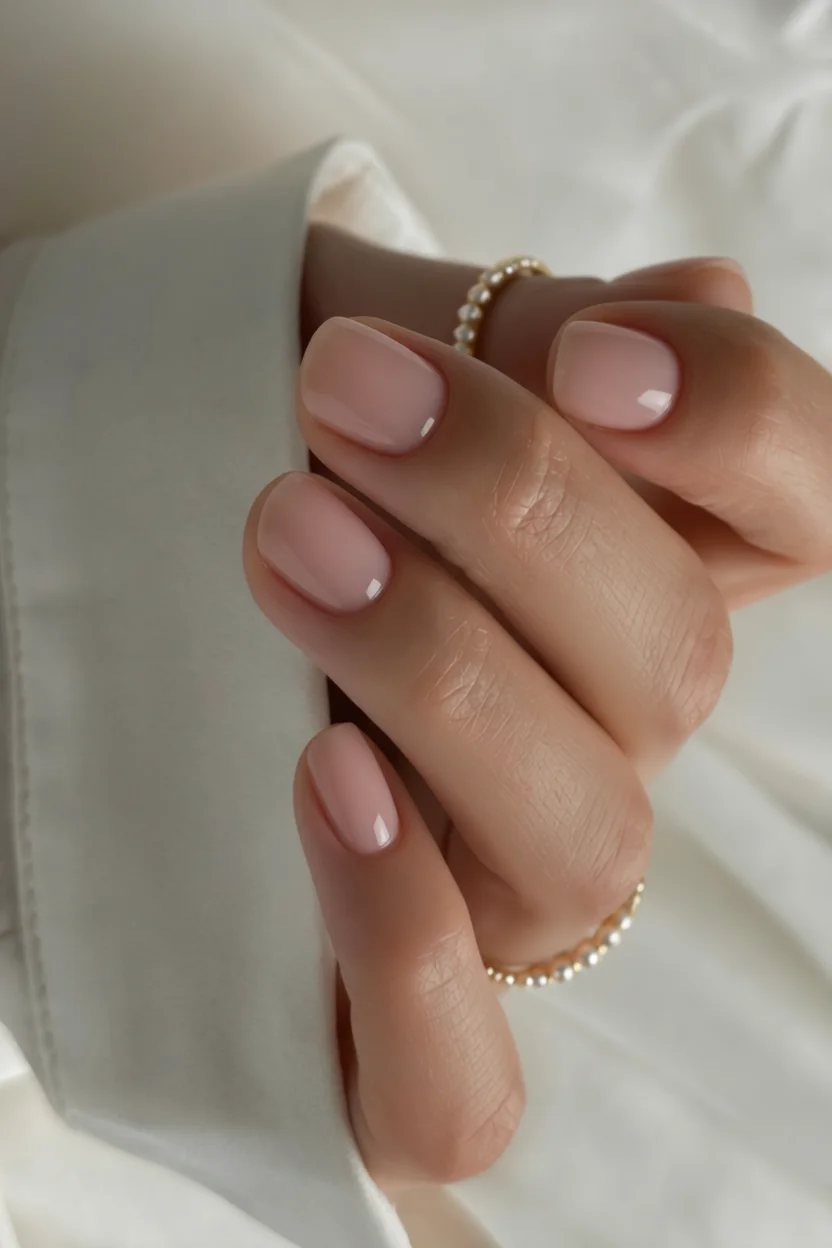 Mano con uñas cortas redondas esmaltadas en rosa nude y anillo de perlas
