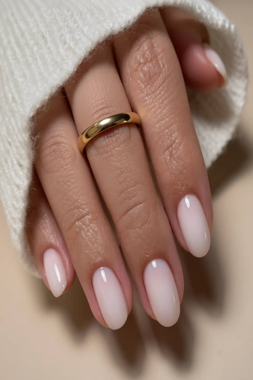 Mano con uñas ovaladas en color nude rosado y acabado brillante
