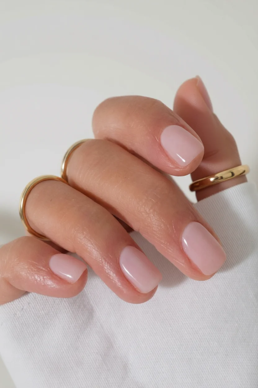 Mano con uñas cortas en forma de cuadrado redondeado esmaltadas en tono rosa nude brillante