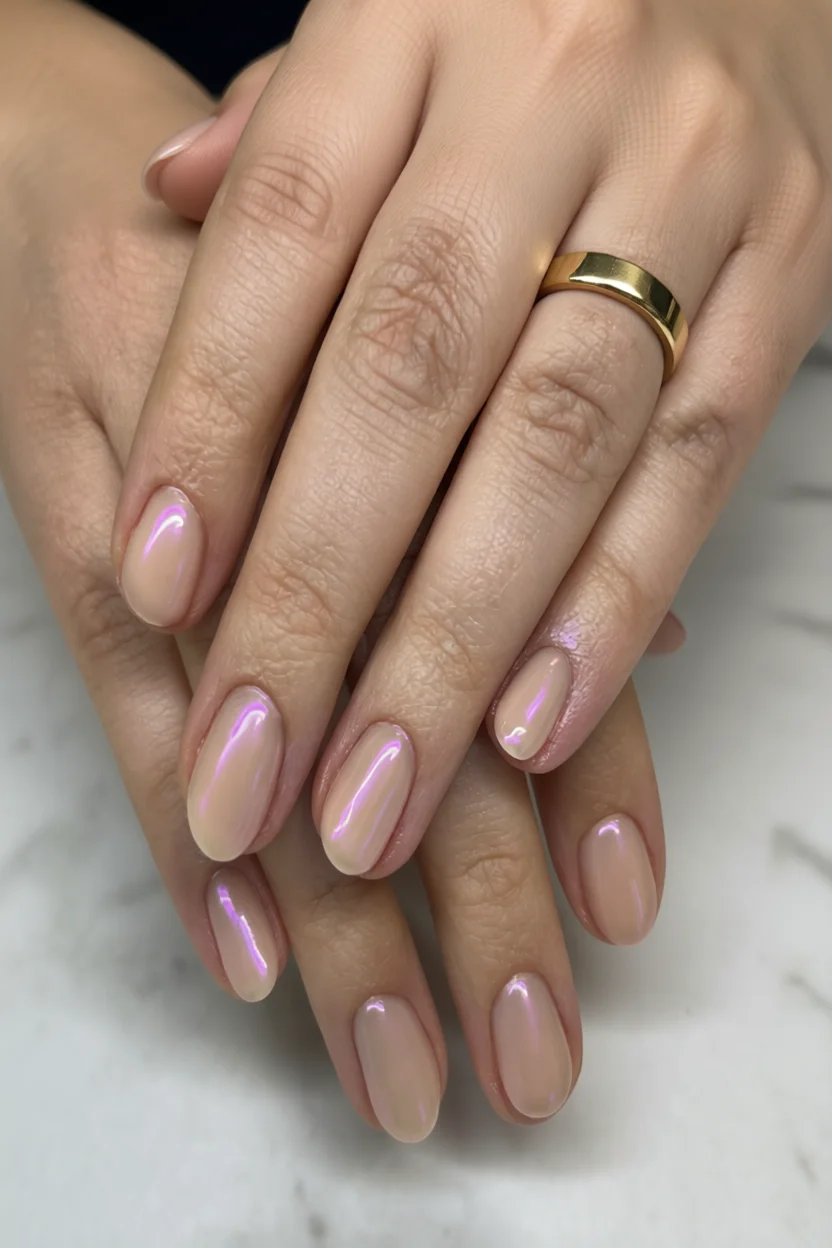 Uñas ovaladas cortas con esmalte nude lechoso y efecto nacarado iridiscente