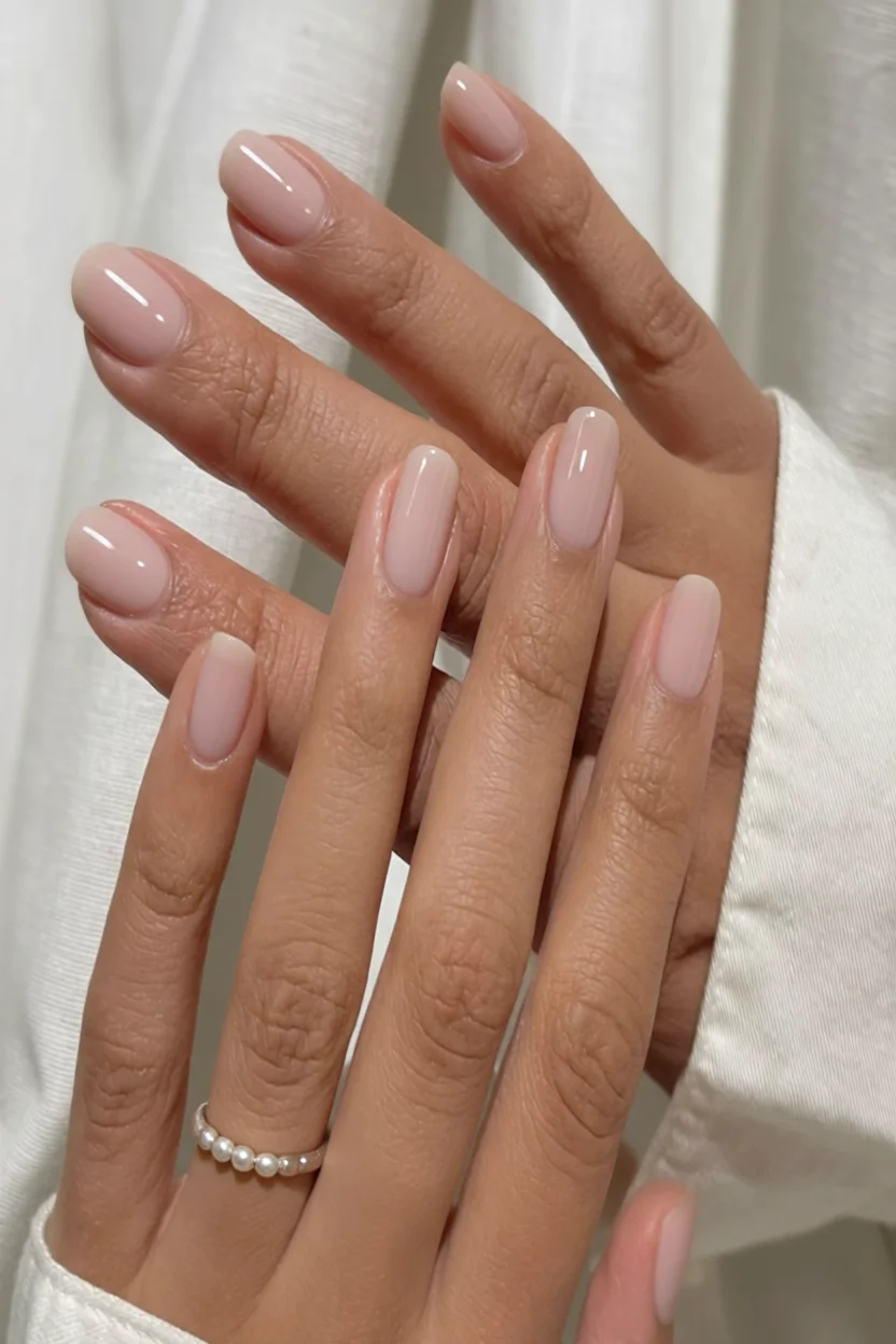 Uñas largas forma ovalada con esmalte nude translúcido y brillo intenso