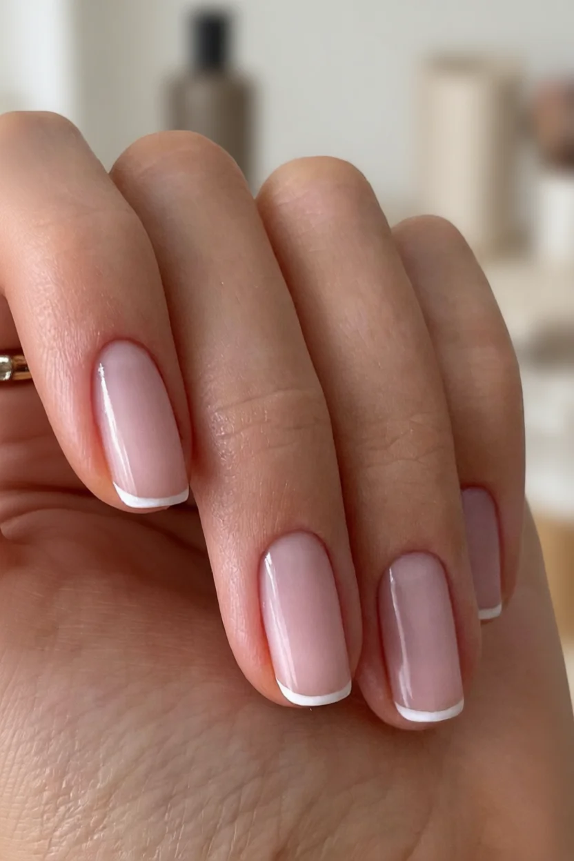 Mano con uñas ovaladas en esmalte rosado translúcido y punta blanca