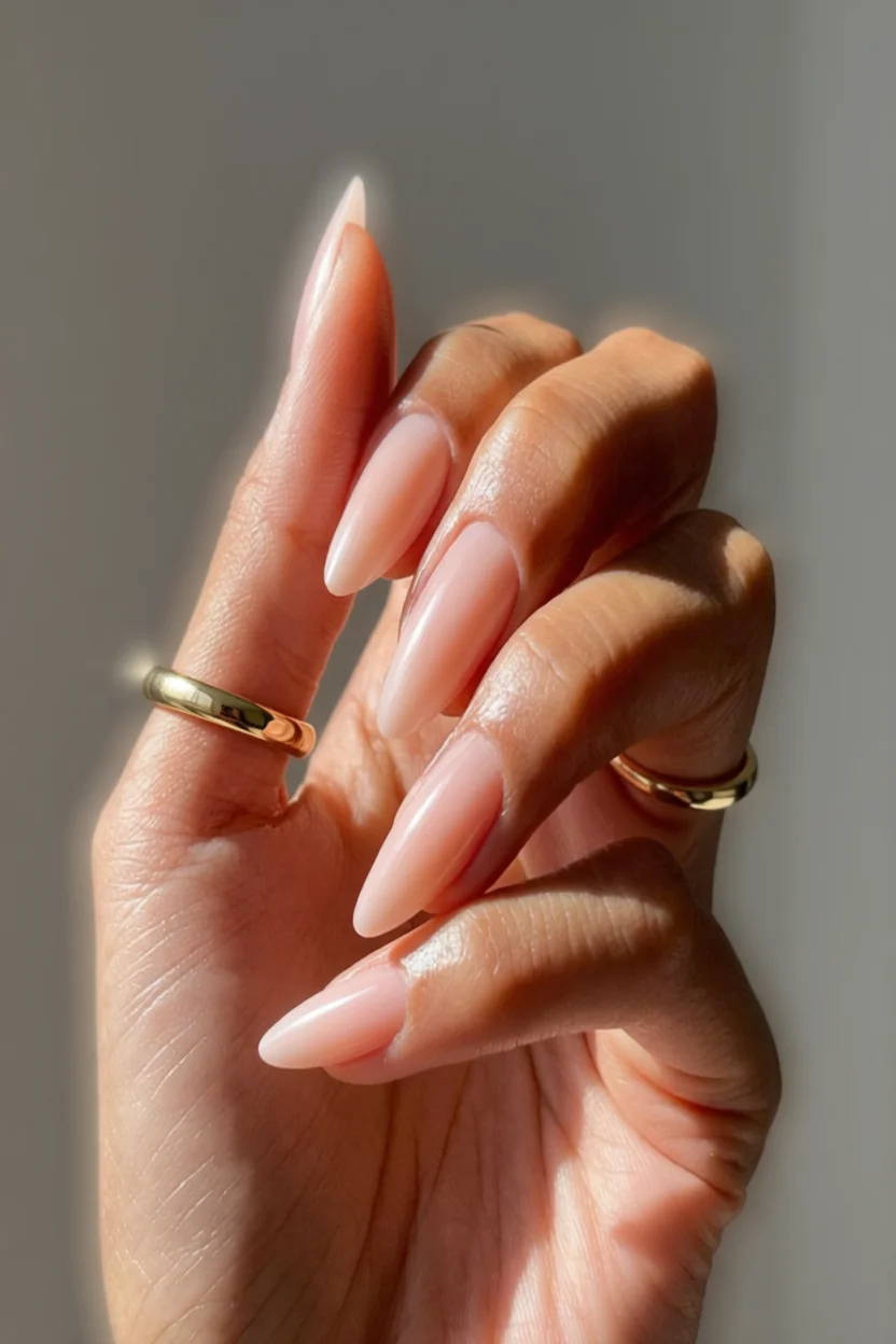 Mano con uñas largas almendradas en tono nude brillante y anillos dorados